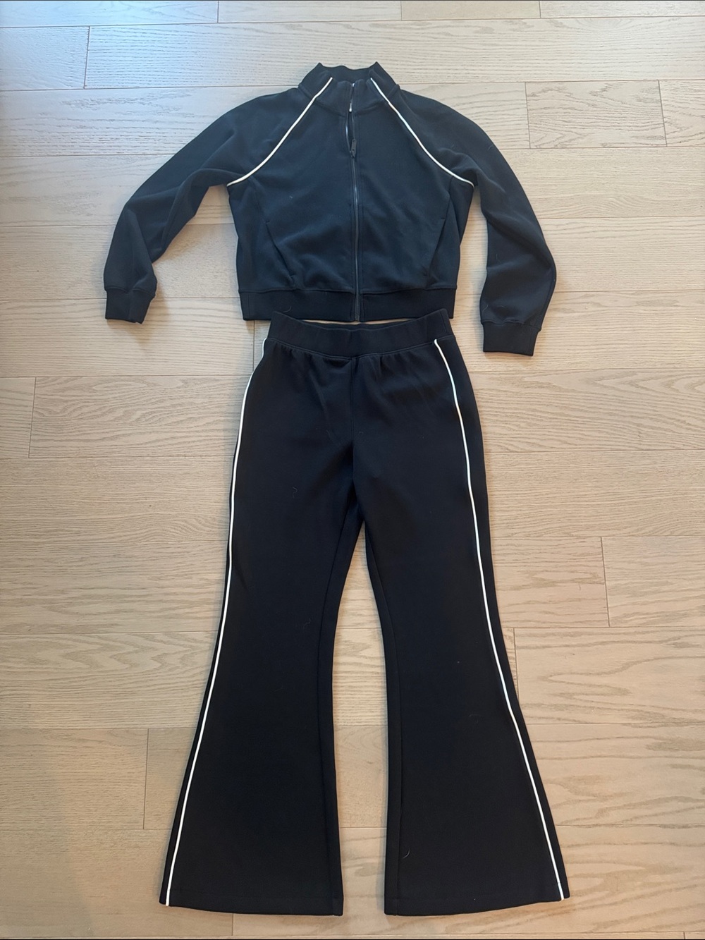 Spanx Black Women's Two-Piece Track Set with White Piping